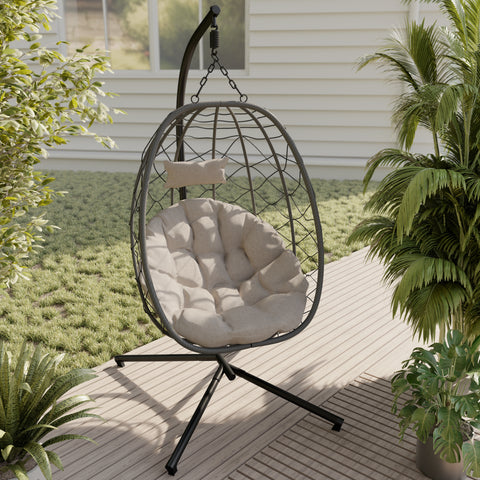 Summit Outdoor Single Person Egg Swing Chair in Grey/Black/Brown Steel Frame With Removable Cushions