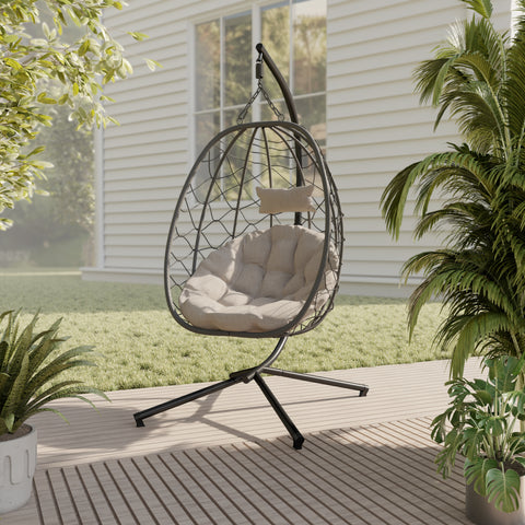 Summit Outdoor Single Person Egg Swing Chair in Grey/Black/Brown Steel Frame With Removable Cushions