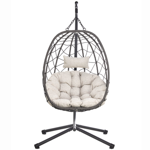 Summit Outdoor Single Person Egg Swing Chair in Grey/Black/Brown Steel Frame With Removable Cushions