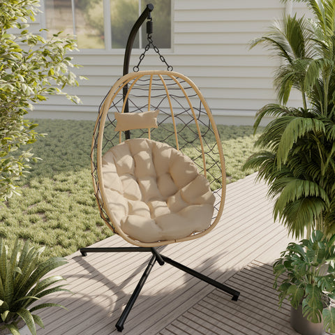 Summit Outdoor Single Person Egg Swing Chair in Grey/Black/Brown Steel Frame With Removable Cushions