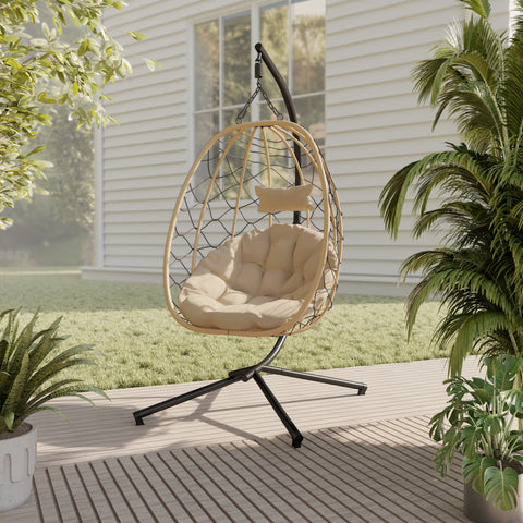 Summit Outdoor Single Person Egg Swing Chair in Grey/Black/Brown Steel Frame With Removable Cushions