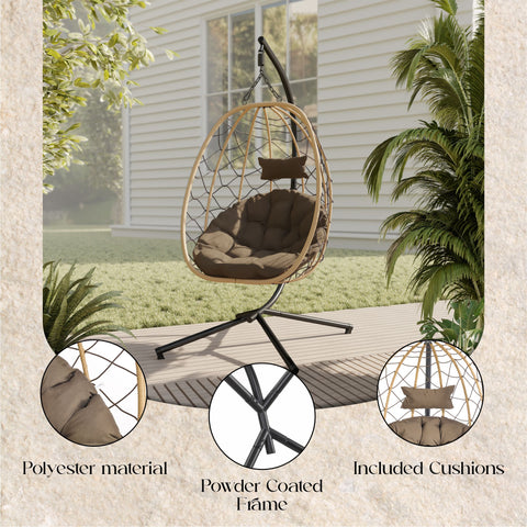 Summit Outdoor Single Person Egg Swing Chair in Grey/Black/Brown Steel Frame With Removable Cushions