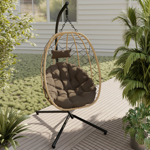 Summit Outdoor Single Person Egg Swing Chair in Grey/Black/Brown Steel Frame With Removable Cushions