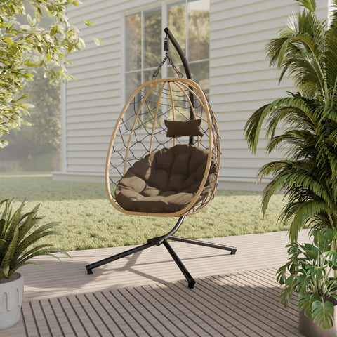 Summit Outdoor Single Person Egg Swing Chair in Grey/Black/Brown Steel Frame With Removable Cushions