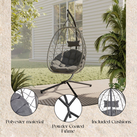 Summit Outdoor Single Person Egg Swing Chair in Grey/Black/Brown Steel Frame With Removable Cushions