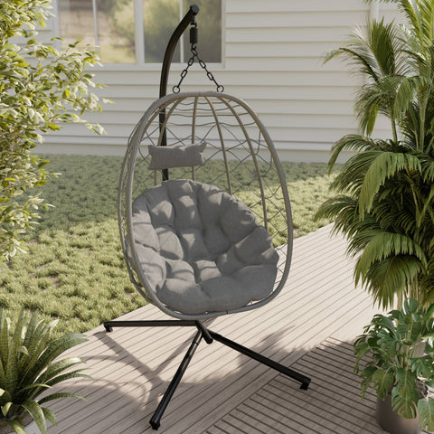 Summit Outdoor Single Person Egg Swing Chair in Grey/Black/Brown Steel Frame With Removable Cushions