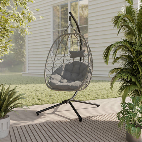 Summit Outdoor Single Person Egg Swing Chair in Grey/Black/Brown Steel Frame With Removable Cushions