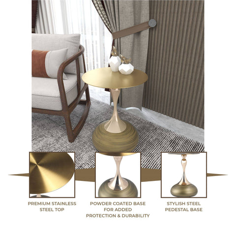 Savoy Wide Side Table with Gold Stainless Steel Top Round Accent Table and Elegant Pedestal Base