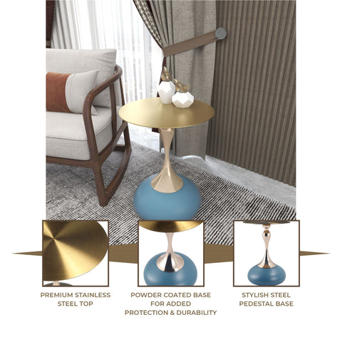 Savoy Wide Side Table with Gold Stainless Steel Top Round Accent Table and Elegant Pedestal Base