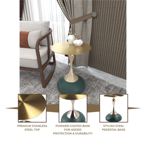 Savoy Wide Side Table with Gold Stainless Steel Top Round Accent Table and Elegant Pedestal Base