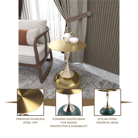 Savoy Wide Side Table with Gold Stainless Steel Top Round Accent Table and Elegant Pedestal Base