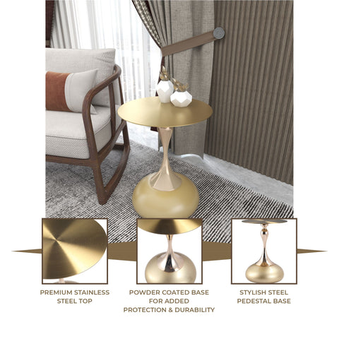 Savoy Wide Side Table with Gold Stainless Steel Top Round Accent Table and Elegant Pedestal Base