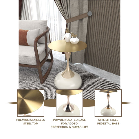 Savoy Wide Side Table with Gold Stainless Steel Top Round Accent Table and Elegant Pedestal Base