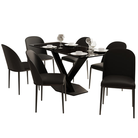 Voren 7-Piece Dining Set with 55" Rectangular Dining Table in Black Glass Top and 6 Leather/Velvet/Suede Fabric Dining Chairs