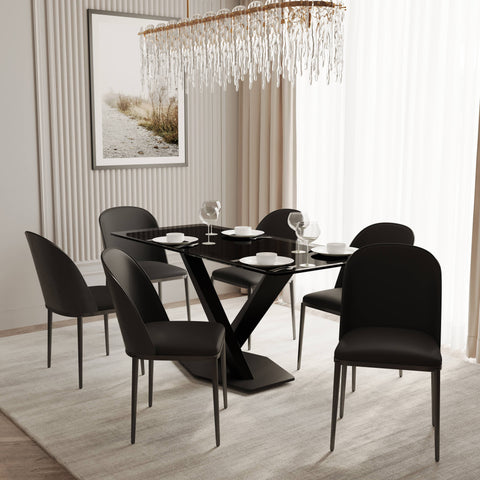 Voren 7-Piece Dining Set with 55" Rectangular Dining Table in Black Glass Top and 6 Leather/Velvet/Suede Fabric Dining Chairs