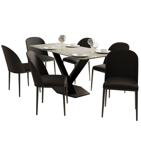 Voren 7-Piece Dining Set with 55" Rectangular Dining Table in Deep Grey Sintered Stone and 6 Leather/Velvet/Suede Fabric Dining Chairs