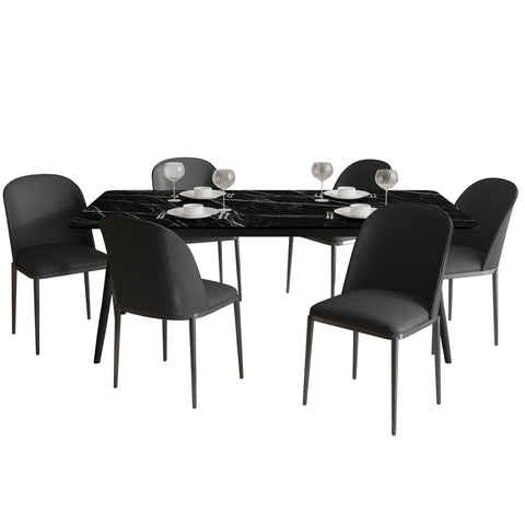 Zayle 7-Piece Dining Set with 55" Rectangular Dining Table in Black/Gold Sintered Stone Top and 6 Leather Dining Chairs