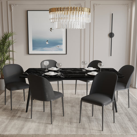 Zayle 7-Piece Dining Set with 55" Rectangular Dining Table in Black/Gold Sintered Stone Top and 6 Leather Dining Chairs