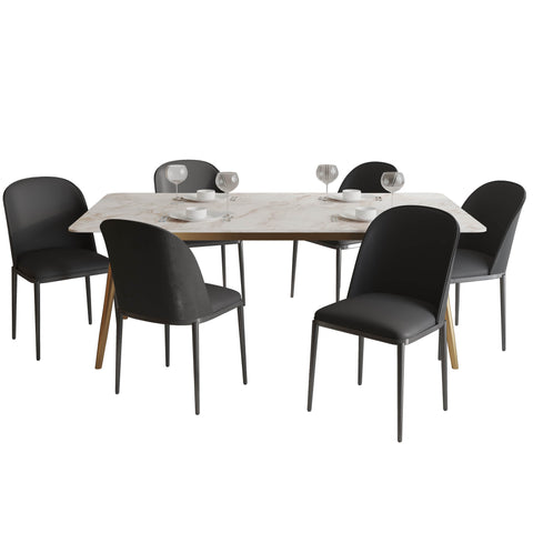 Zayle 7-Piece Dining Set with 55" Rectangular Dining Table in White Grey Sintered Stone Top and 6 Leather Dining Chairs