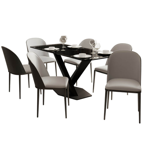 Voren 7-Piece Dining Set with 55" Rectangular Dining Table in Black Glass Top and 6 Leather/Velvet/Suede Fabric Dining Chairs