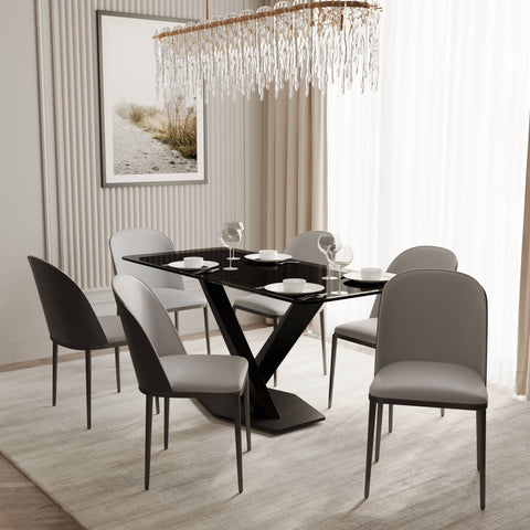 Voren 7-Piece Dining Set with 55" Rectangular Dining Table in Black Glass Top and 6 Leather/Velvet/Suede Fabric Dining Chairs