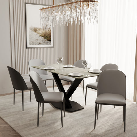 Voren 7-Piece Dining Set with 55" Rectangular Dining Table in Deep Grey Sintered Stone and 6 Leather/Velvet/Suede Fabric Dining Chairs