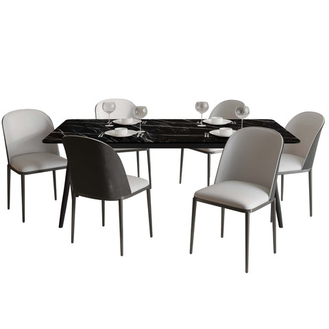 Zayle 7-Piece Dining Set with 55" Rectangular Dining Table in Black/Gold Sintered Stone Top and 6 Leather Dining Chairs