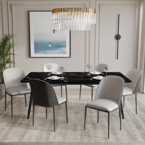 Zayle 7-Piece Dining Set with 55" Rectangular Dining Table in Black/Gold Sintered Stone Top and 6 Leather Dining Chairs