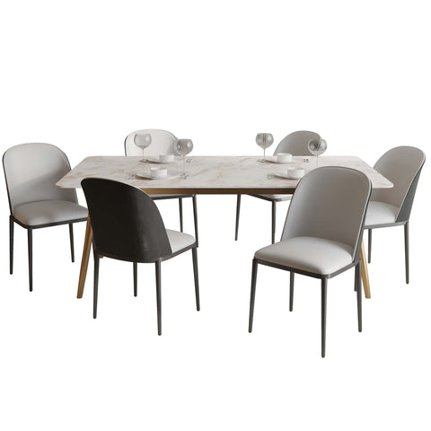 Zayle 7-Piece Dining Set with 55" Rectangular Dining Table in White Grey Sintered Stone Top and 6 Leather Dining Chairs