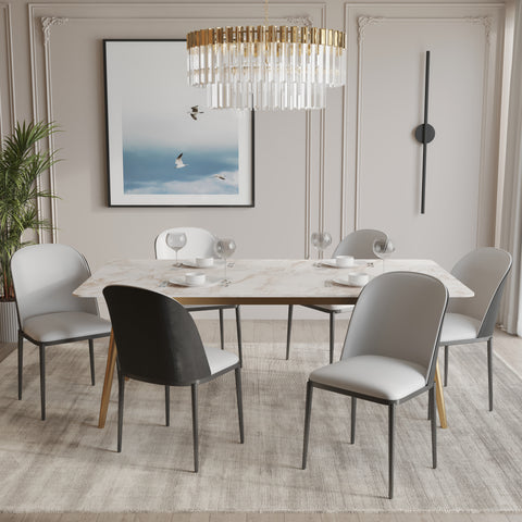 Zayle 7-Piece Dining Set with 55" Rectangular Dining Table in White Grey Sintered Stone Top and 6 Leather Dining Chairs