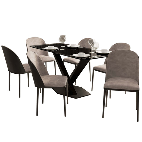 Voren 7-Piece Dining Set with 55" Rectangular Dining Table in Black Glass Top and 6 Leather/Velvet/Suede Fabric Dining Chairs