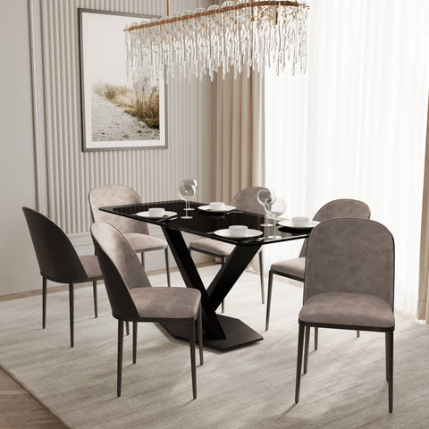 Voren 7-Piece Dining Set with 55" Rectangular Dining Table in Black Glass Top and 6 Leather/Velvet/Suede Fabric Dining Chairs