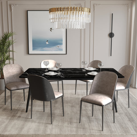 Zayle 7-Piece Dining Set with 55" Rectangular Dining Table in Black/Gold Sintered Stone Top and 6 Leather Dining Chairs