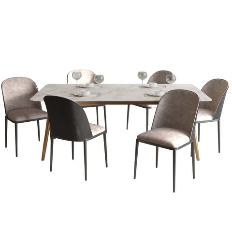 Zayle 7-Piece Dining Set with 55" Rectangular Dining Table in White Grey Sintered Stone Top and 6 Leather Dining Chairs