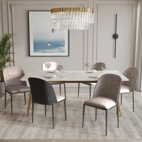 Zayle 7-Piece Dining Set with 55" Rectangular Dining Table in White Grey Sintered Stone Top and 6 Leather Dining Chairs