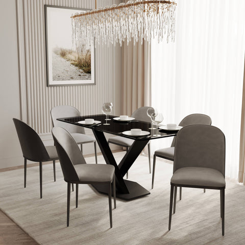 Voren 7-Piece Dining Set with 55" Rectangular Dining Table in Black Glass Top and 6 Leather/Velvet/Suede Fabric Dining Chairs