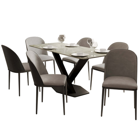 Voren 7-Piece Dining Set with 55" Rectangular Dining Table in Deep Grey Sintered Stone and 6 Leather/Velvet/Suede Fabric Dining Chairs