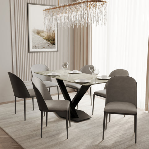 Voren 7-Piece Dining Set with 55" Rectangular Dining Table in Deep Grey Sintered Stone and 6 Leather/Velvet/Suede Fabric Dining Chairs