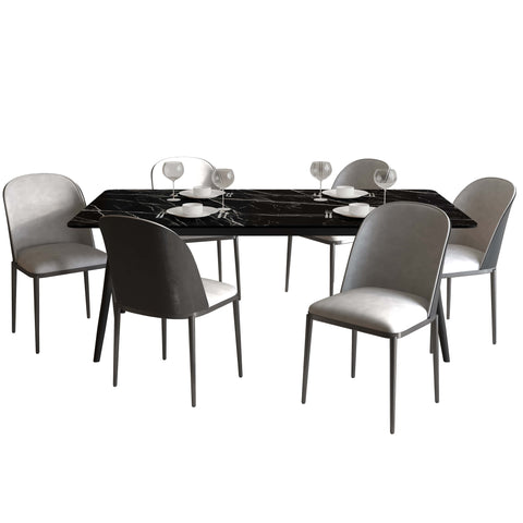 Zayle 7-Piece Dining Set with 55" Rectangular Dining Table in Black/Gold Sintered Stone Top and 6 Leather Dining Chairs