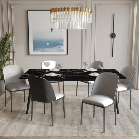 Zayle 7-Piece Dining Set with 55" Rectangular Dining Table in Black/Gold Sintered Stone Top and 6 Leather Dining Chairs