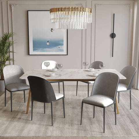 Zayle 7-Piece Dining Set with 55" Rectangular Dining Table in White Grey Sintered Stone Top and 6 Leather Dining Chairs