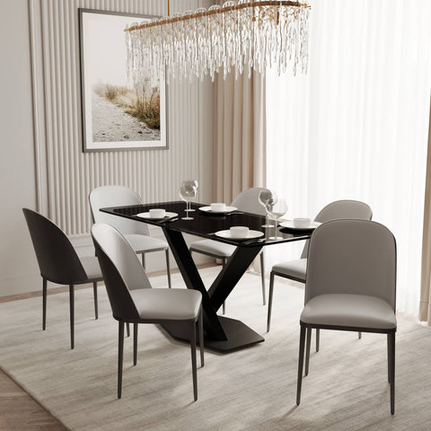 Voren 7-Piece Dining Set with 55" Rectangular Dining Table in Black Glass Top and 6 Leather/Velvet/Suede Fabric Dining Chairs