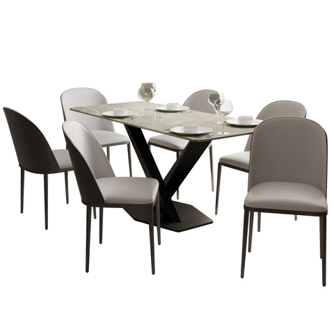 Voren 7-Piece Dining Set with 55" Rectangular Dining Table in Deep Grey Sintered Stone and 6 Leather/Velvet/Suede Fabric Dining Chairs