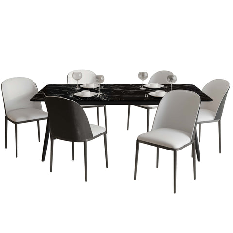 Zayle 7-Piece Dining Set with 55" Rectangular Dining Table in Black/Gold Sintered Stone Top and 6 Leather Dining Chairs