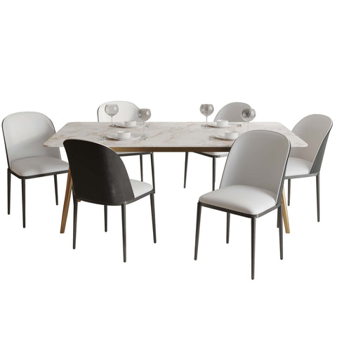 Zayle 7-Piece Dining Set with 55" Rectangular Dining Table in White Grey Sintered Stone Top and 6 Leather Dining Chairs