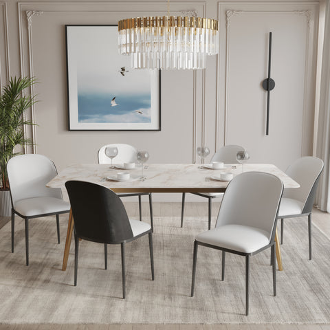 Zayle 7-Piece Dining Set with 55" Rectangular Dining Table in White Grey Sintered Stone Top and 6 Leather Dining Chairs