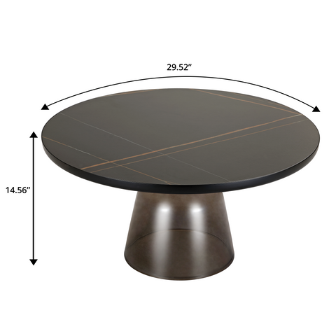 Tully 30-Inch Round Glass/Stone Coffee Table  with Iron Rim Frame and Glass Base