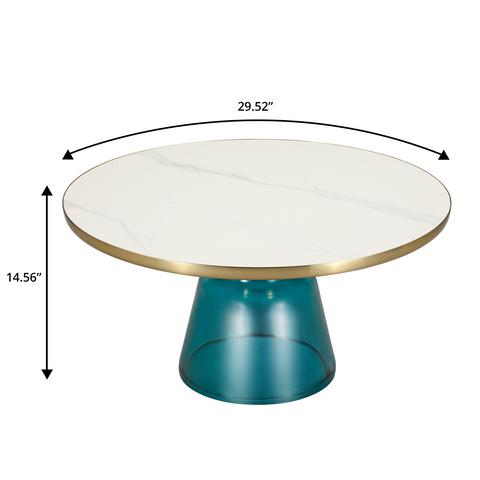 Tully 30-Inch Round Glass/Stone Coffee Table  with Iron Rim Frame and Glass Base