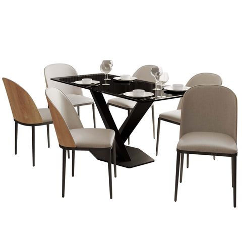 Voren 7-Piece Dining Set with 55" Rectangular Dining Table in Black Glass Top and 6 Leather/Velvet/Suede Fabric Dining Chairs