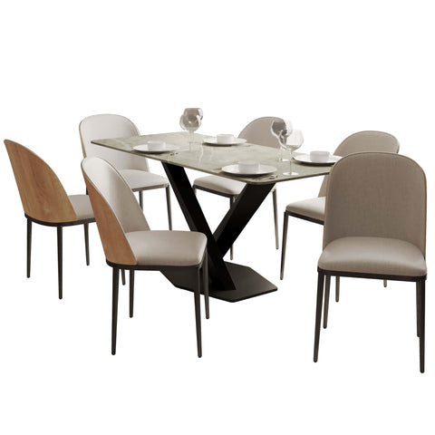 Voren 7-Piece Dining Set with 55" Rectangular Dining Table in Deep Grey Sintered Stone and 6 Leather/Velvet/Suede Fabric Dining Chairs